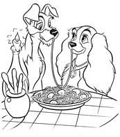 coloriage la belle et le clochard mangeant des spagettis